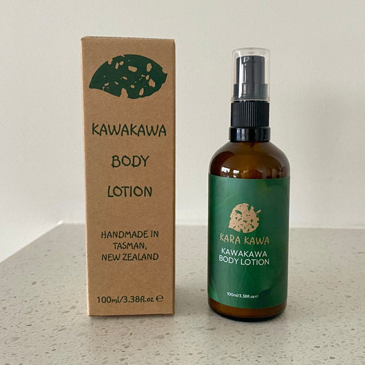 Amber bottle of Kawakawa Body Lotion with a pump dispenser, enriched with triple-strength Kawakawa, Coconut Oil, and Olive Oil, offering deep hydration and natural skin-soothing benefits.